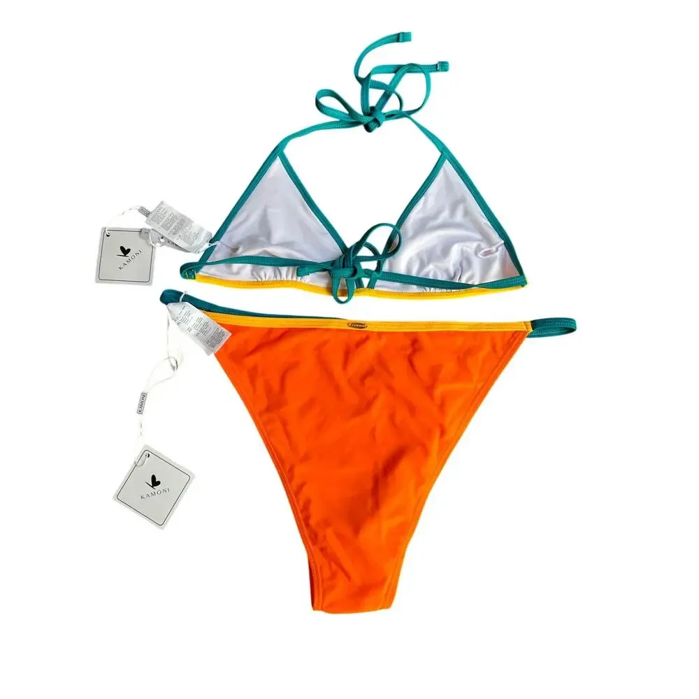 KAMONI ORANGE CONTRAST COLORBLOCK TWO PIECE HALTER BIKINI SET SIZE LARGE